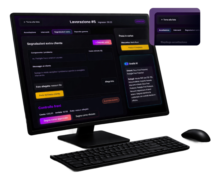 Monitor da scrivania con pannello Ariaa aperto sulla scheda segnalazioni extra cliente, con report AI dei danni e dettaglio controllo freni